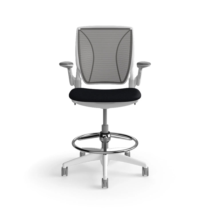 Humanscale World Stool with black mesh, white frame, black fabric seat, front view. Kansas City Office Design