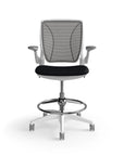 Humanscale World Stool with black mesh, white frame, black fabric seat, front view. Kansas City Office Design