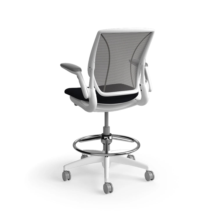 Humanscale World Stool with black mesh, white frame, black fabric seat, back view. Kansas City Office Design