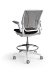Humanscale World Stool with black mesh, white frame, black fabric seat, back view. Kansas City Office Design