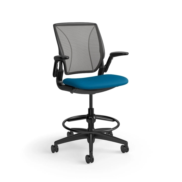 Humanscale World Stool with black mesh, black frame, peacock blue fabric seat, side view. Kansas City Office Design