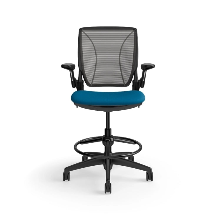 Humanscale World Stool with black mesh, black frame, peacock blue fabric seat, front view. Kansas City Office Design