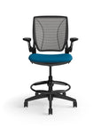Humanscale World Stool with black mesh, black frame, peacock blue fabric seat, front view. Kansas City Office Design