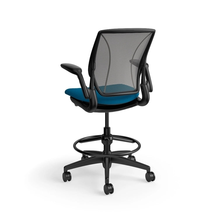 Humanscale World Stool with black mesh, black frame, peacock blue fabric seat, back view. Kansas City Office Design