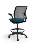 Humanscale World Stool with black mesh, black frame, peacock blue fabric seat, back view. Kansas City Office Design