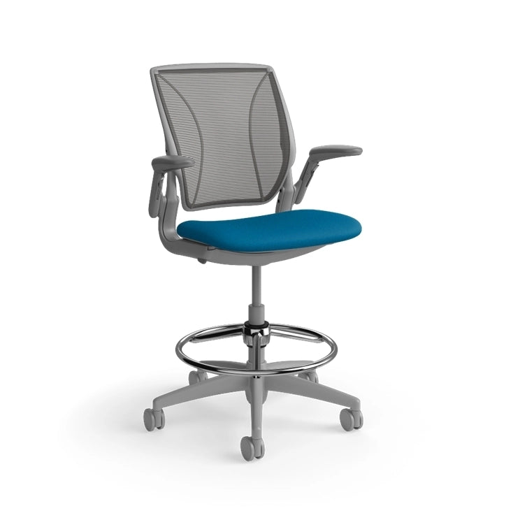Humanscale World Stool with black mesh, gray frame, peacock blue fabric seat, side view. Kansas City Office Design