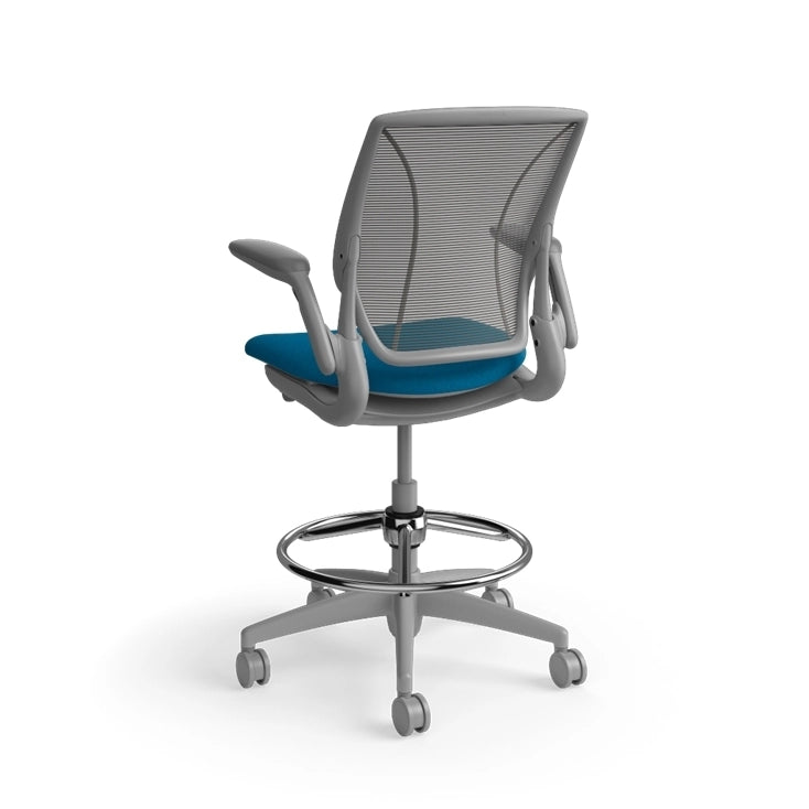 Humanscale World Stool with black mesh, gray frame, peacock blue fabric seat, back view. Kansas City Office Design