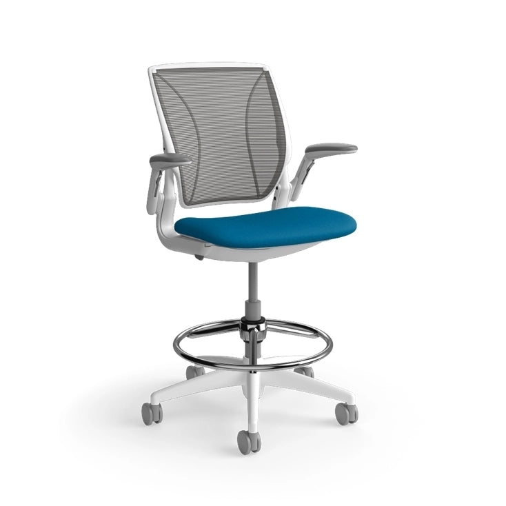 Humanscale World Stool with black mesh, white frame, peacock blue fabric seat, side view. Kansas City Office Design