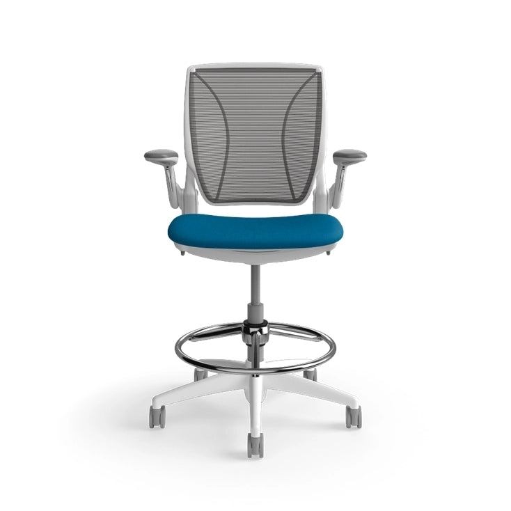 Humanscale World Stool with black mesh, white frame, peacock blue fabric seat, front view. Kansas City Office Design