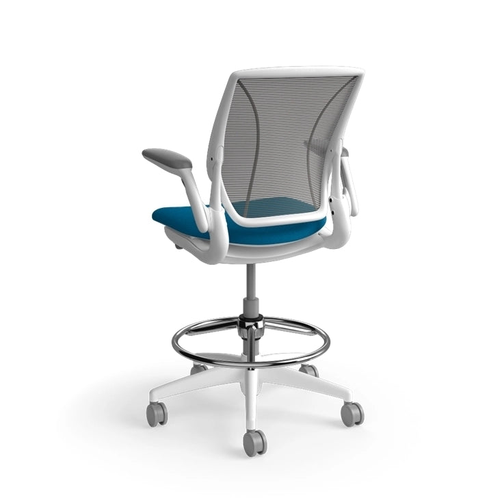 Humanscale World Stool with black mesh, white frame, peacock blue fabric seat, back view. Kansas City Office Design