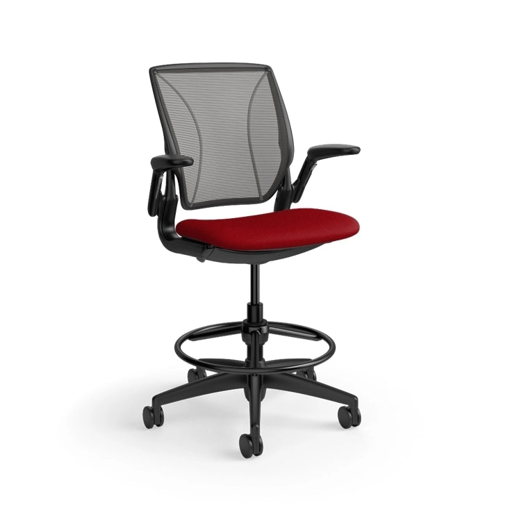 Humanscale World Stool with black mesh, black frame, Parma Red fabric seat, side view. Kansas City Office Design