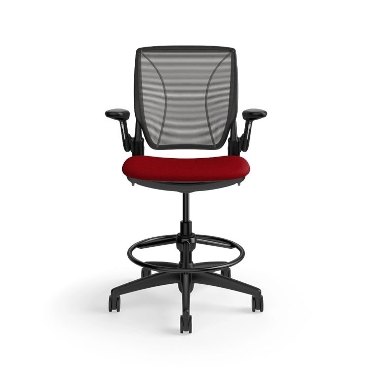 Humanscale World Stool with black mesh, black frame, Parma Red fabric seat, front view. Kansas City Office Design