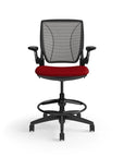 Humanscale World Stool with black mesh, black frame, Parma Red fabric seat, front view. Kansas City Office Design