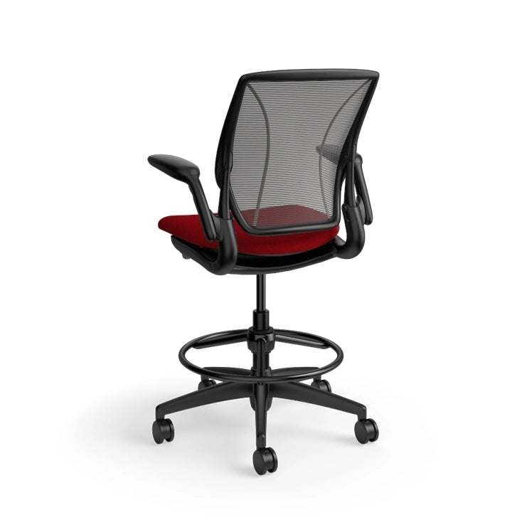 Humanscale World Stool with black mesh, black frame, Parma Red fabric seat, back view. Kansas City Office Design