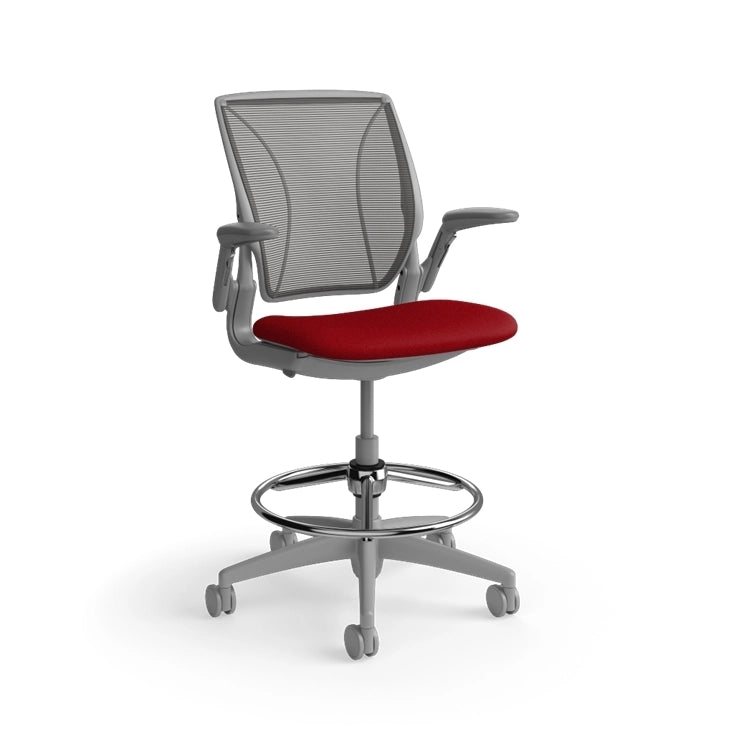Humanscale World Stool with black mesh, gray frame, Parma Red fabric seat, side view. Kansas City Office Design