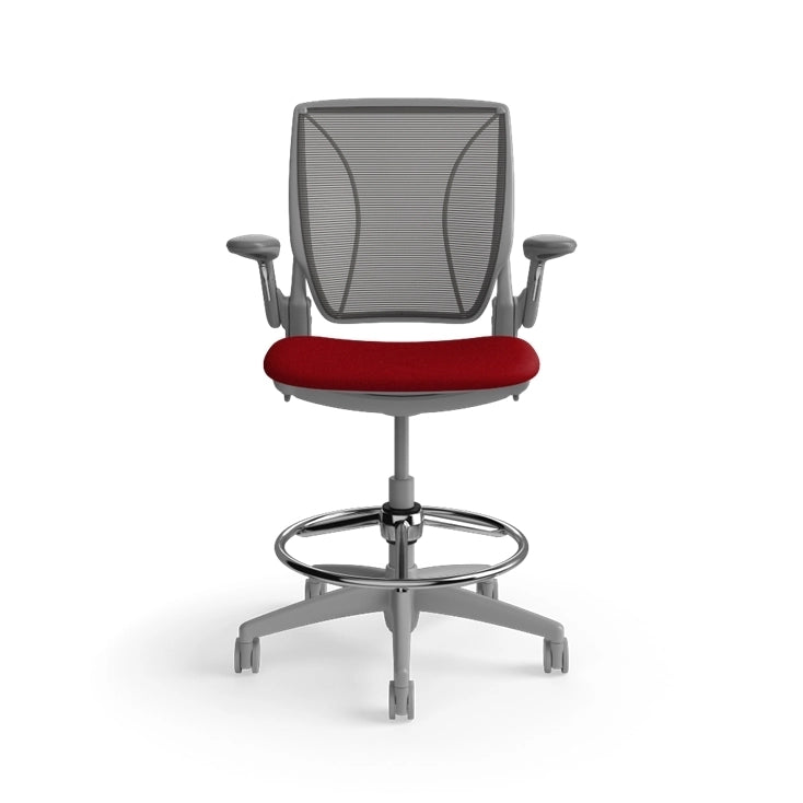 Humanscale World Stool with black mesh, gray frame, Parma Red fabric seat, front view. Kansas City Office Design