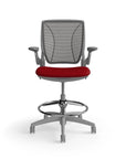 Humanscale World Stool with black mesh, gray frame, Parma Red fabric seat, front view. Kansas City Office Design