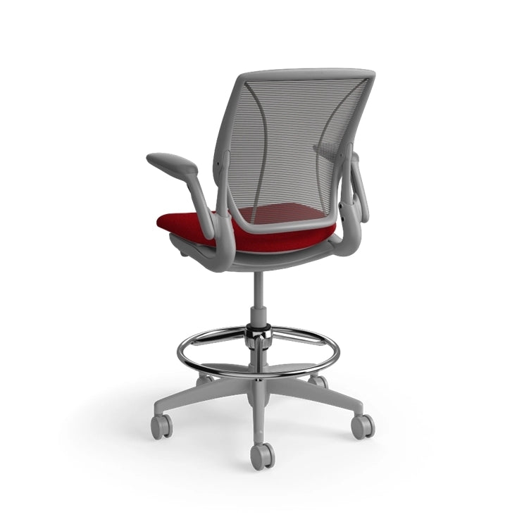 Humanscale World Stool with black mesh, gray frame, Parma Red fabric seat, back view. Kansas City Office Design