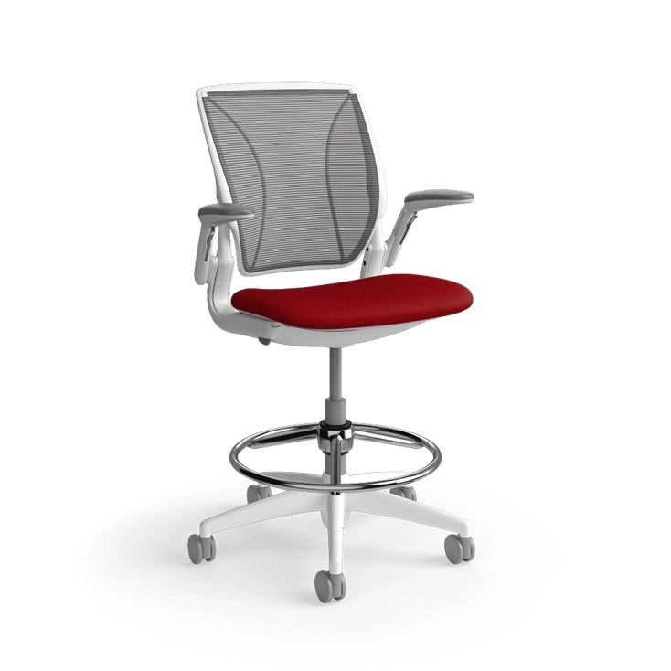 Humanscale World Stool with black mesh, white frame, Parma Red fabric seat, side view. Kansas City Office Design