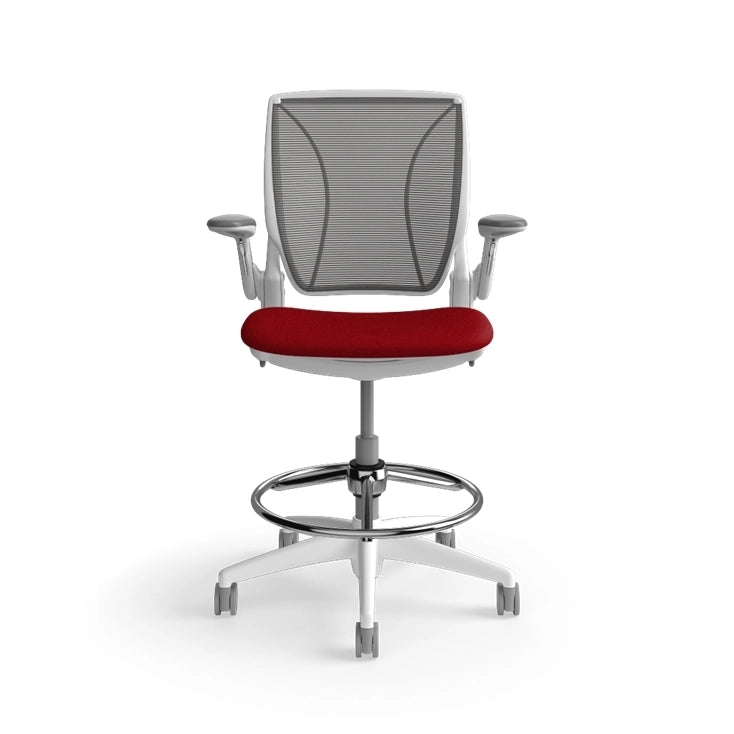 Humanscale World Stool with black mesh, white frame, Parma Red fabric seat, front view. Kansas City Office Design