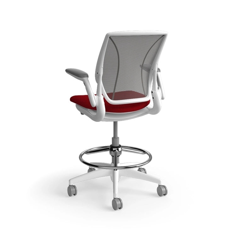 Humanscale World Stool with black mesh, white frame, Parma Red fabric seat, back view. Kansas City Office Design