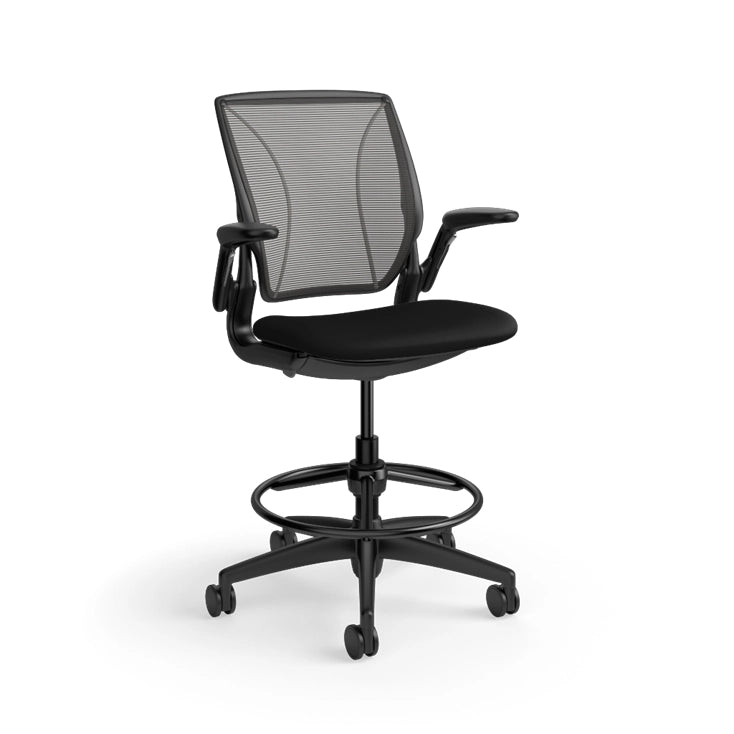 Humanscale World Stool with black mesh, black frame, black fabric, side view. Kansas City Office Design