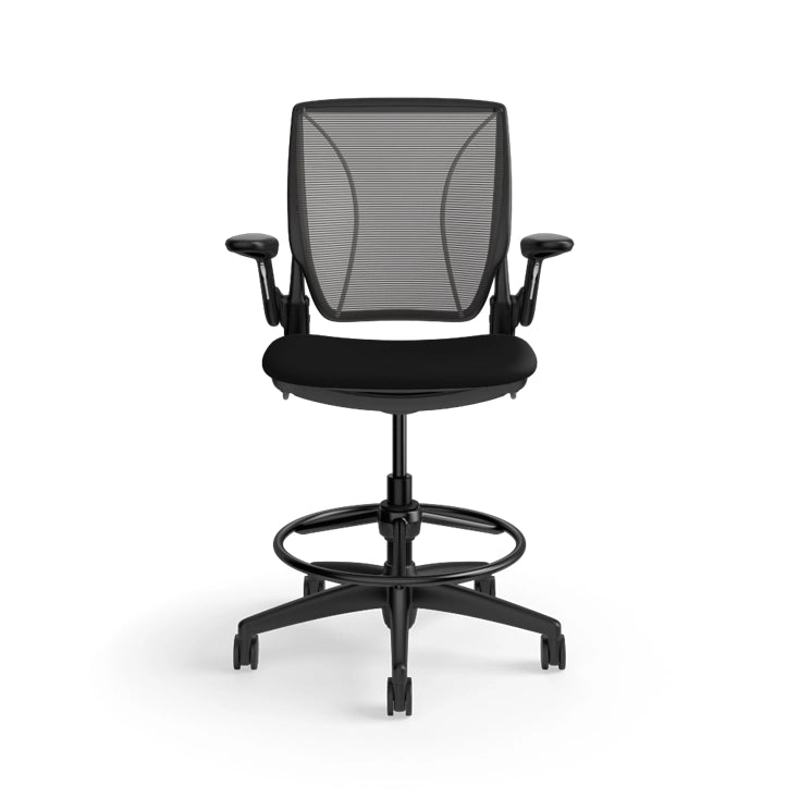Humanscale World Stool with black mesh, black frame, black fabric, front view. Kansas City Office Design