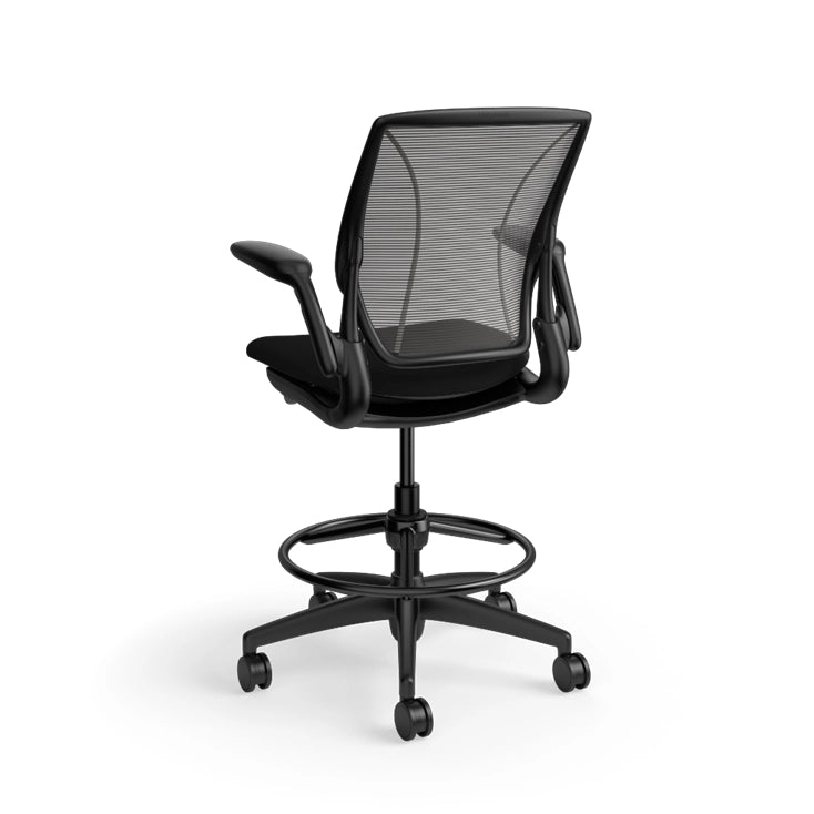 Humanscale World Stool with black mesh, black frame, black fabric, back view. Kansas City Office Design