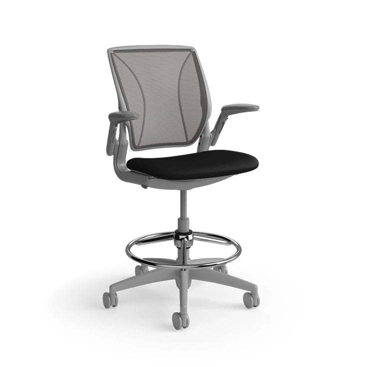 Humanscale World Stool with black mesh, gray frame, black fabric, side view. Kansas City Office Design