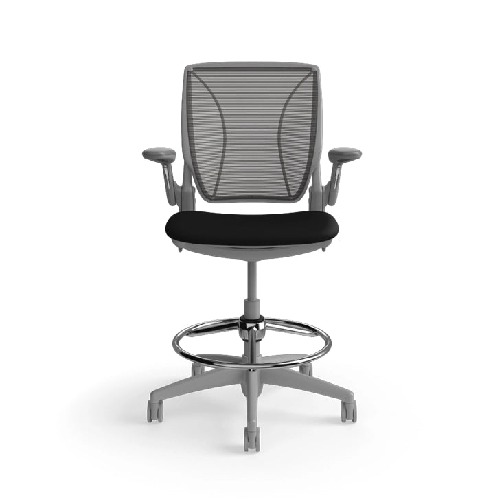 Humanscale World Stool with black mesh, gray frame, black fabric, front view. Kansas City Office Design