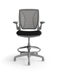 Humanscale World Stool with black mesh, gray frame, black fabric, front view. Kansas City Office Design