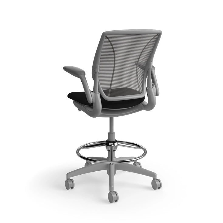 Humanscale World Stool with black mesh, gray frame, black fabric, back view. Kansas City Office Design