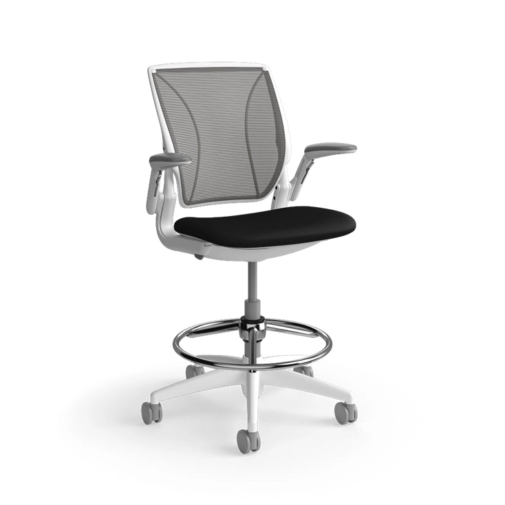 Humanscale World Stool with black mesh, white frame, black polyurethane lotus fabric seat, side view. Kansas City Office Design
