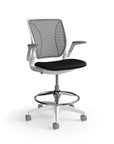 Humanscale World Stool with black mesh, white frame, black polyurethane lotus fabric seat, side view. Kansas City Office Design