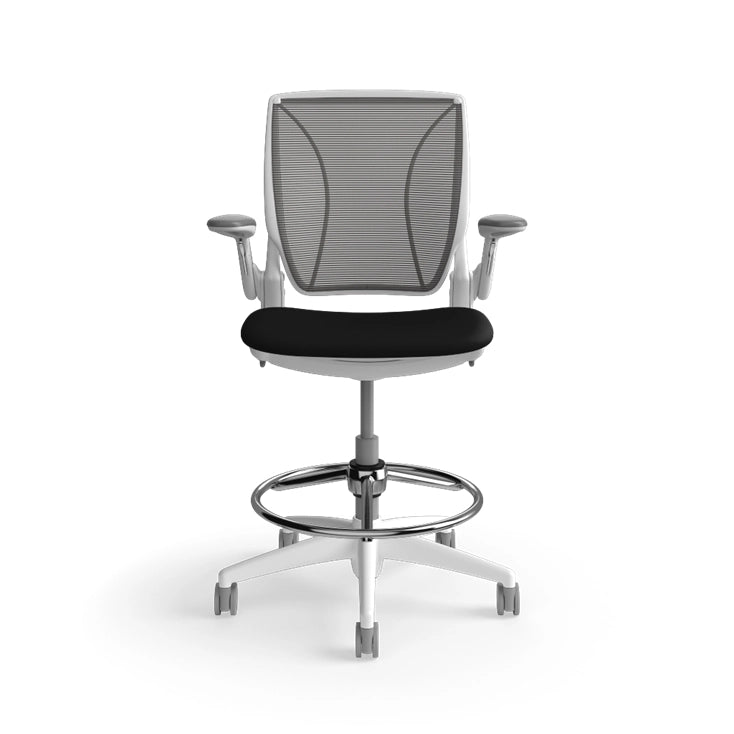 Humanscale World Stool with black mesh, white frame, black polyurethane lotus fabric seat, front view. Kansas City Office Design