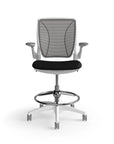 Humanscale World Stool with black mesh, white frame, black polyurethane lotus fabric seat, front view. Kansas City Office Design