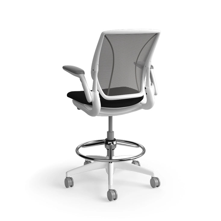Humanscale World Stool with black mesh, white frame, black polyurethane lotus fabric seat, back view. Kansas City Office Design