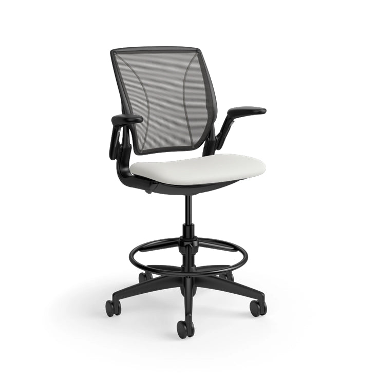 Humanscale World Stool with black mesh, black frame, white polyurethane lotus fabric seat, side view. Kansas City Office Design