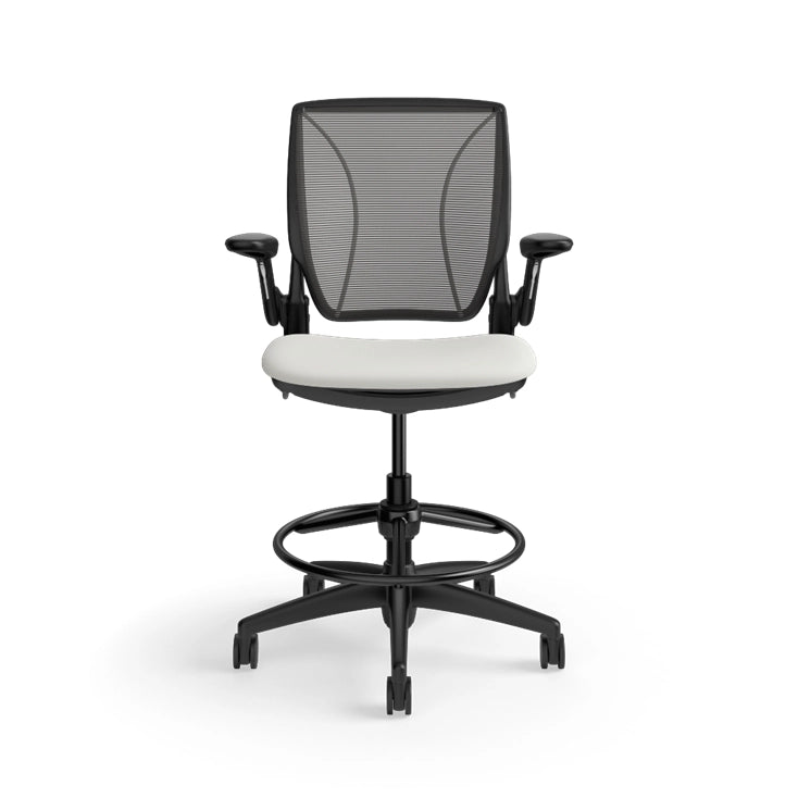 Humanscale World Stool with black mesh, black frame, white polyurethane lotus fabric seat, front view. Kansas City Office Design