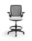 Humanscale World Stool with black mesh, black frame, white polyurethane lotus fabric seat, front view. Kansas City Office Design