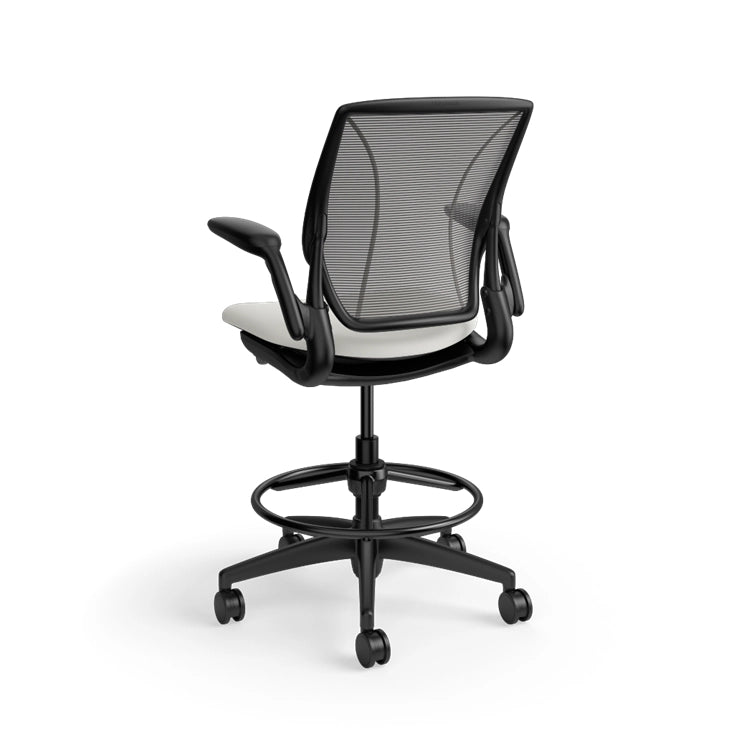 Humanscale World Stool with black mesh, black frame, white polyurethane lotus fabric seat, back view. Kansas City Office Design