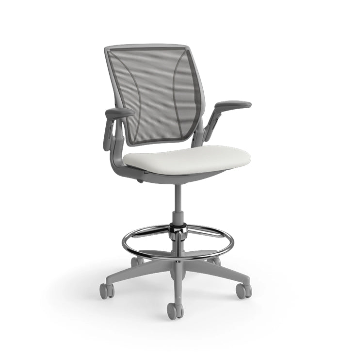 Humanscale World Stool with black mesh, gray frame, white polyurethane lotus fabric seat, side view. Kansas City Office Design