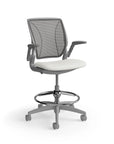 Humanscale World Stool with black mesh, gray frame, white polyurethane lotus fabric seat, side view. Kansas City Office Design