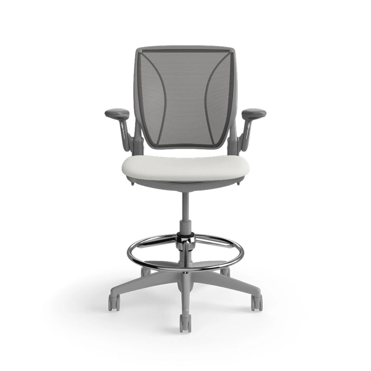 Humanscale World Stool with black mesh, gray frame, white polyurethane lotus fabric seat, front view. Kansas City Office Design