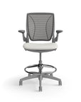 Humanscale World Stool with black mesh, gray frame, white polyurethane lotus fabric seat, front view. Kansas City Office Design