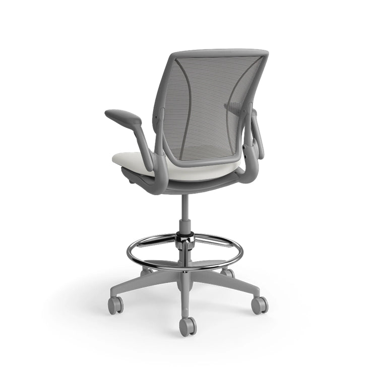 Humanscale World Stool with black mesh, gray frame, white polyurethane lotus fabric seat, back view. Kansas City Office Design