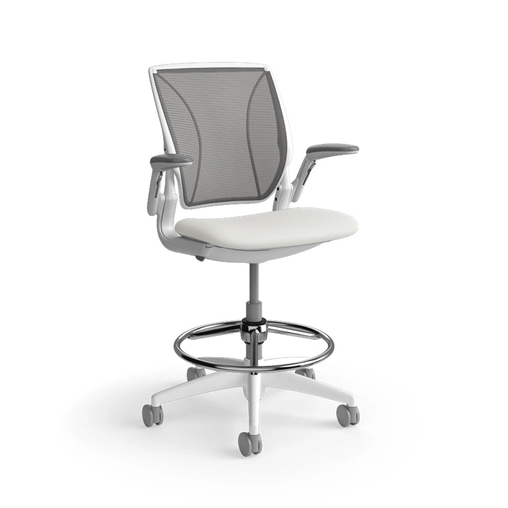 Humanscale World Stool with black mesh, white frame, white polyurethane lotus fabric seat, side view. Kansas City Office Design