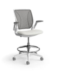 Humanscale World Stool with black mesh, white frame, white polyurethane lotus fabric seat, side view. Kansas City Office Design