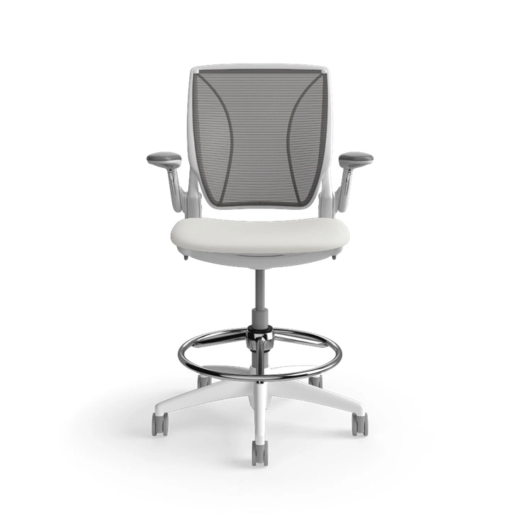 Humanscale World Stool with black mesh, white frame, white polyurethane lotus fabric seat, front view. Kansas City Office Design