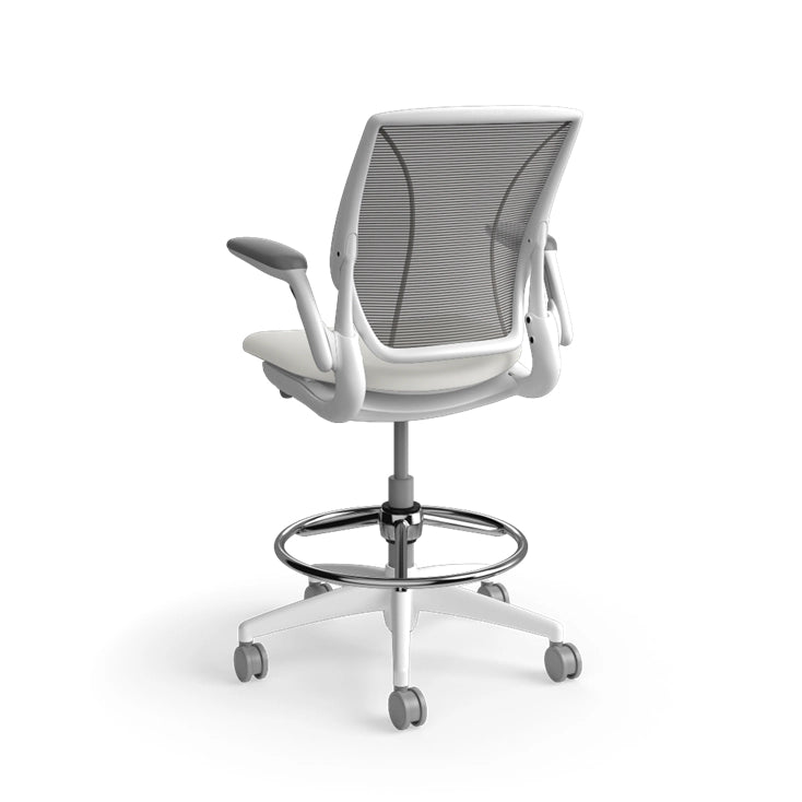 Humanscale World Stool with black mesh, white frame, white polyurethane lotus fabric seat, back view. Kansas City Office Design
